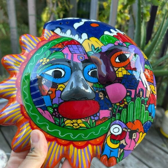 Mexican Folk Art Talavera Moon Sun Eclipse Hand Painted Clay Wall Hanging 8.5" - Picture 2 of 16